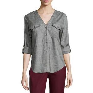 Theory Trisalta Sharkskin Button Top Grey